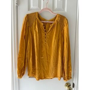 Crown & Ivy Curvy Gold Tencel Lyocell Long Sleeve Button‎ Blouse Top